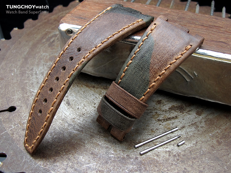 Camo Pattern Leather of Art Watch Strap, Wax thread Brown Stitching, custom made for Audemars Piguet Royal Oak Offshore