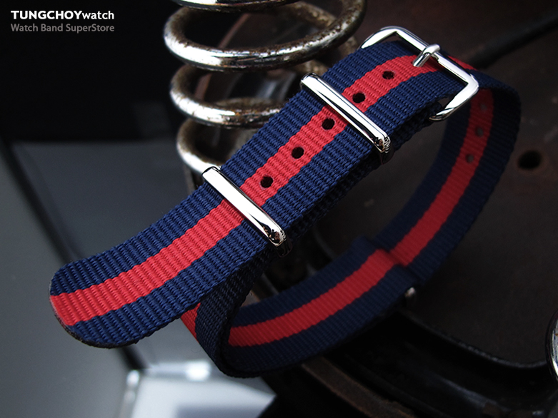 MiLTAT 18mm G10 military watch strap ballistic nylon armband, Polished - Dark Blue & Red Stripes