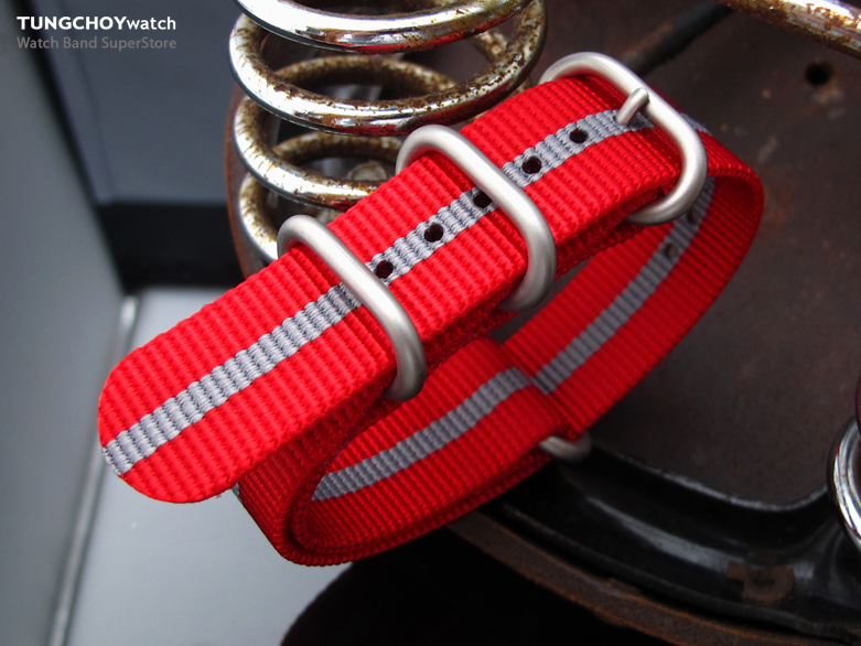 MiLTAT 20mm Zulu military watch strap ballistic nylon armband, Brushed - Red & Grey
