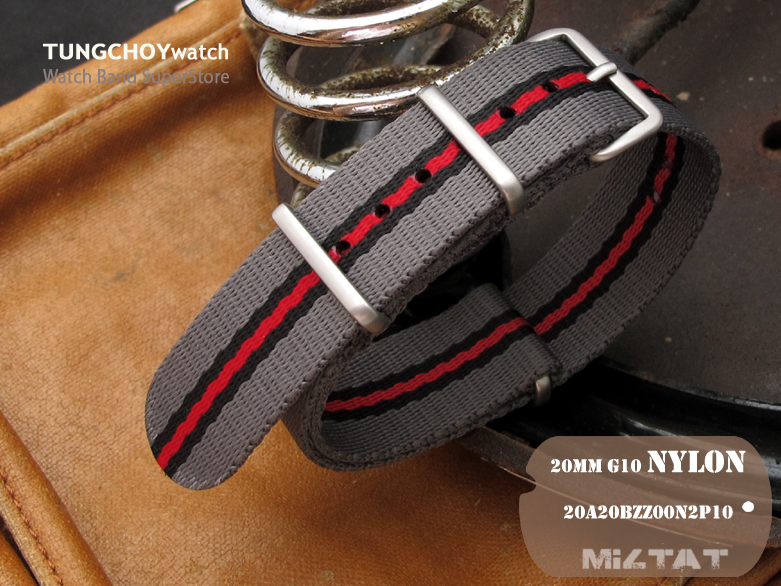 MiLTAT 20mm G10 military watch strap ballistic nylon school look armband - Grey, Black & Red