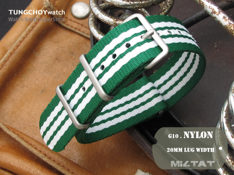 MiLTAT 20mm G10 military watch strap ballistic nylon school look armband - Green & White, Brushed