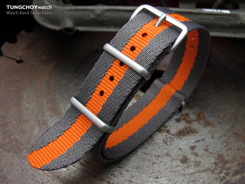 MiLTAT 20mm G10 Military NATO Watch Strap, Sandwich Nylon Armband, Brushed - Grey & Orange Stripes