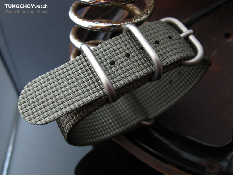 MiLTAT 22mm 3 Rings Zulu military watch strap 3D woven nylon armband - Grey, Brushed Hardware
