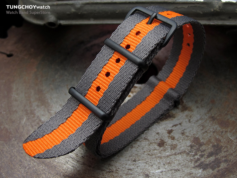 MiLTAT 20mm G10 Military NATO Watch Strap, Sandwich Nylon Armband, PVD Black - Grey & Orange Stripes