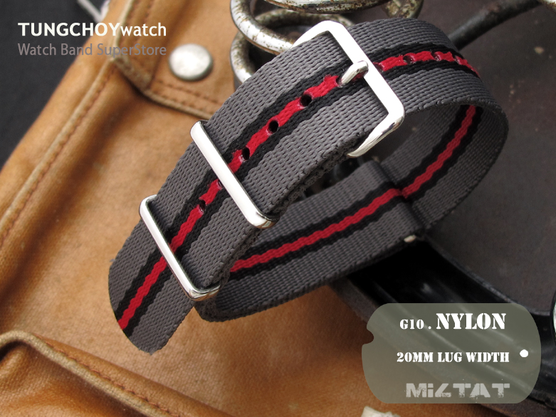 MiLTAT 20mm G10 watch strap ballistic nylon school look armband - Grey, Black & Red, Polished