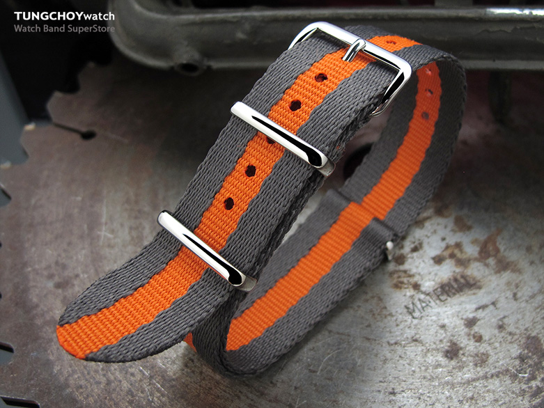 MiLTAT 20mm G10 Military NATO Watch Strap, Sandwich Nylon Armband, Polished - Grey & Orange Stripes