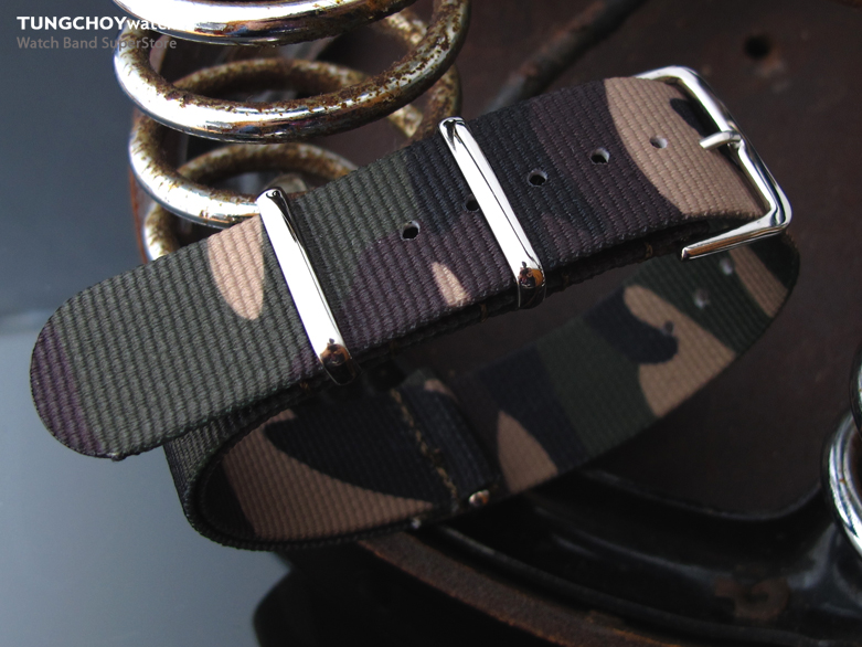 MiLTAT 20mm G10 watch strap ballistic nylon armband - Woodland Camouflage, Polished hardware