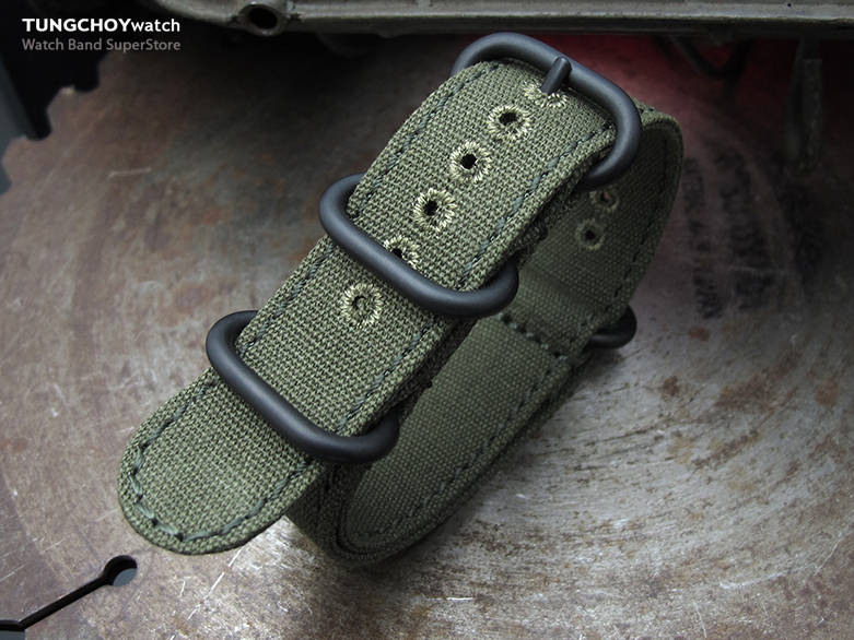 20mm MiLTAT Canvas G10 military watch strap, military color with lockstitch round hole, Forest Green, PVD Black