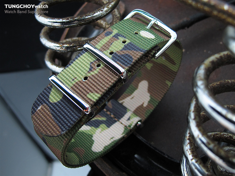 20mm NATO G10 Nylon Military Watch Strap, Woodland Camouflage, Polished