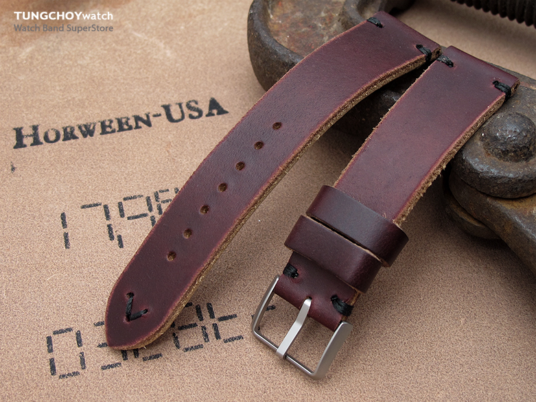 20mm, 22mm MiLTAT Horween Chromexcel Watch Strap, Burgundy Brown, Black Stitching