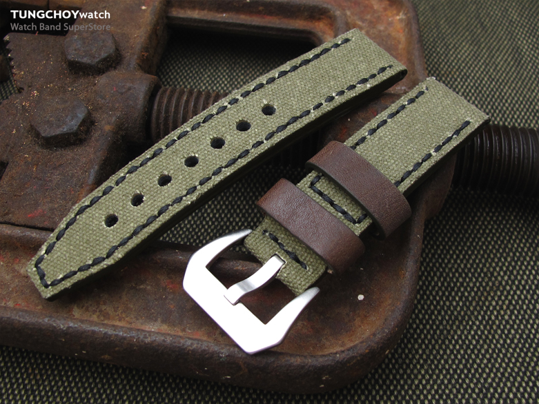 20mm MiLTAT Military Green Leather Washed Canvas Ammo Watch Strap in Black Stitches