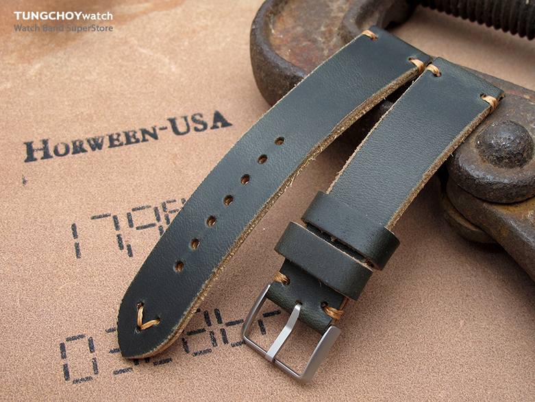 20mm, 22mm MiLTAT Horween Chromexcel Watch Strap, Blackish Green, Brown Stitching