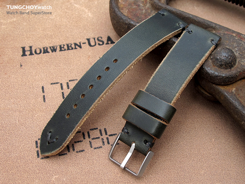20mm, 22mm MiLTAT Horween Chromexcel Watch Strap, Blackish Green, Grey Stitching