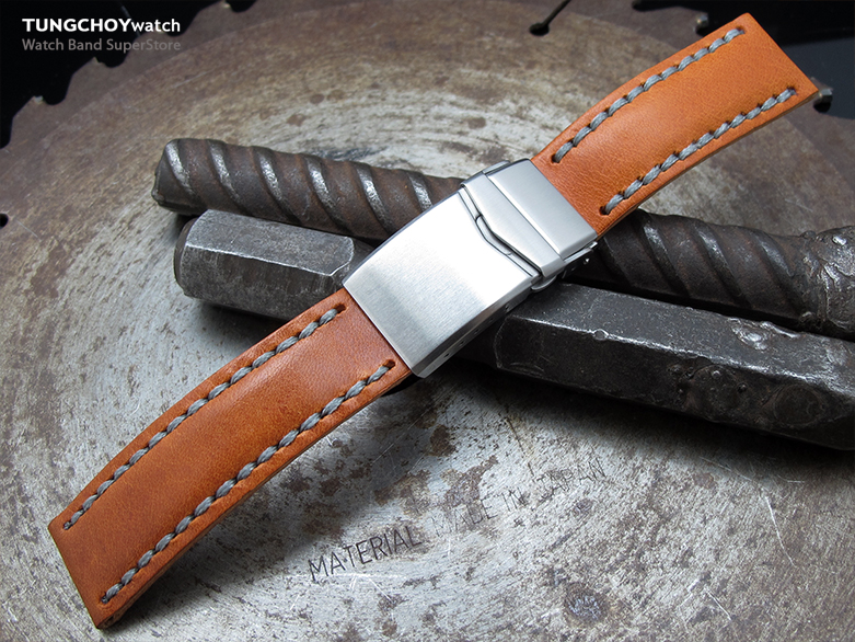 20mm MiLTAT Pull Up Leather Orange Watch Strap, Military Grey Wax Hand Stitching, V-Clasp Button Double Lock