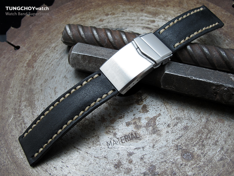 20mm MiLTAT Pull Up Leather Black Watch Strap, Olive Green Wax Hand Stitching, V-Clasp Button Double Lock