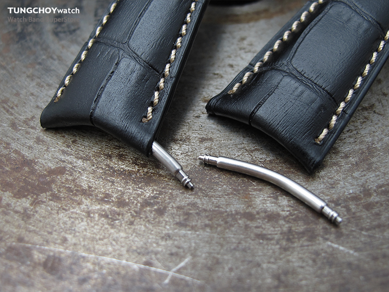 20 or 22 mm CrocoCalf (Croco Grain) Matte Black Semi-Curved Watch strap, Beige Stitching, P