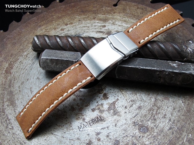 20mm MiLTAT Pull Up Leather Saddle Brown Watch Strap, Beige Wax Hand Stitching, V-Clasp Button Double Lock