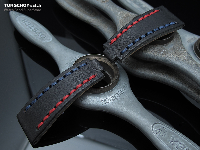20mm MiLTAT RX Collection Watch Strap, NERO Black Genuine Calf, Red + Navy Blue St. Tailor-made for Rolex Submariner & Explorer