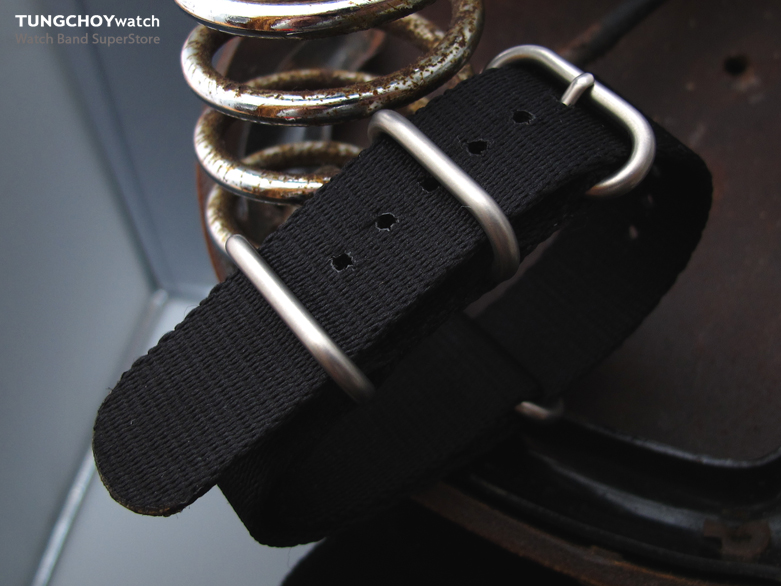 MiLTAT 21mm 3 Ring Zulu military watch strap ballistic nylon armband - Black & Brushed Hardware