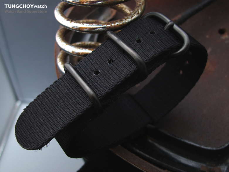 MiLTAT 21mm 3 Rings Zulu military watch strap ballistic nylon armband - Black & PVD Black Hardware