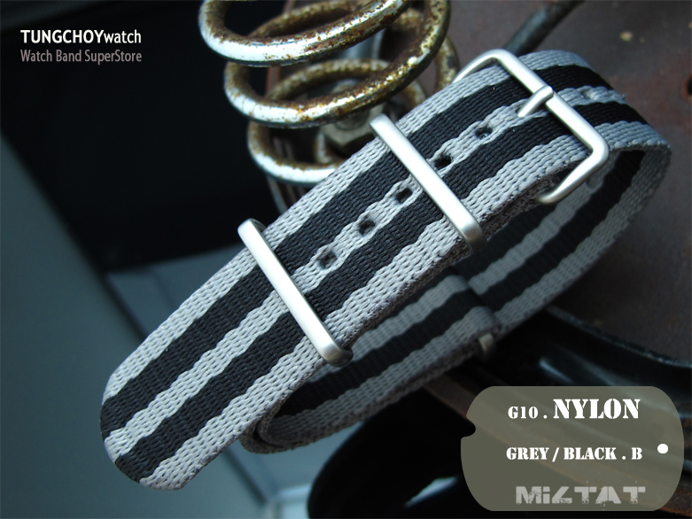 MiLTAT 21mm G10 watch strap ballistic nylon Extra Thick armband - Grey & Black strips, Brushed hardware