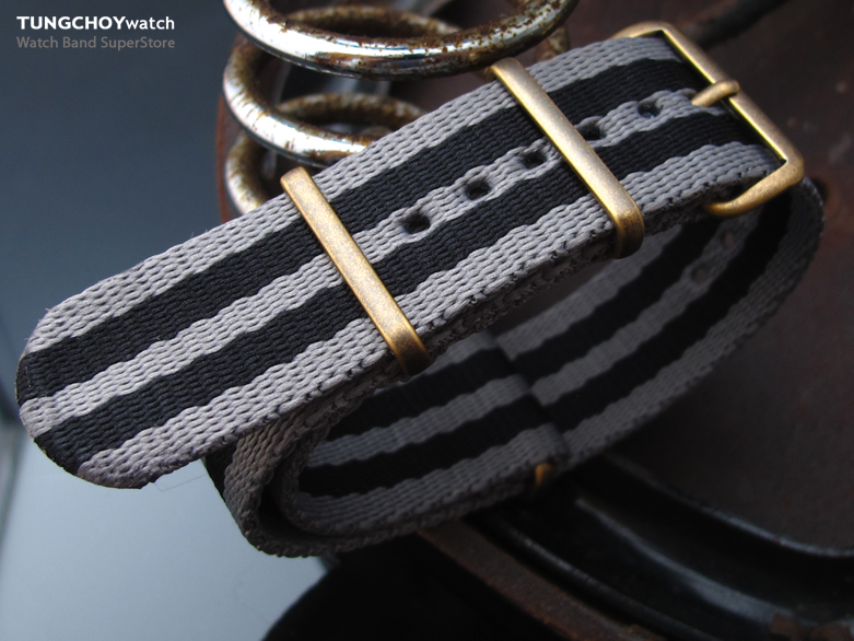 MiLTAT 21mm G10 watch strap ballistic nylon Extra Thick armband - Grey & Black strips, IP Antique Bronze hardware