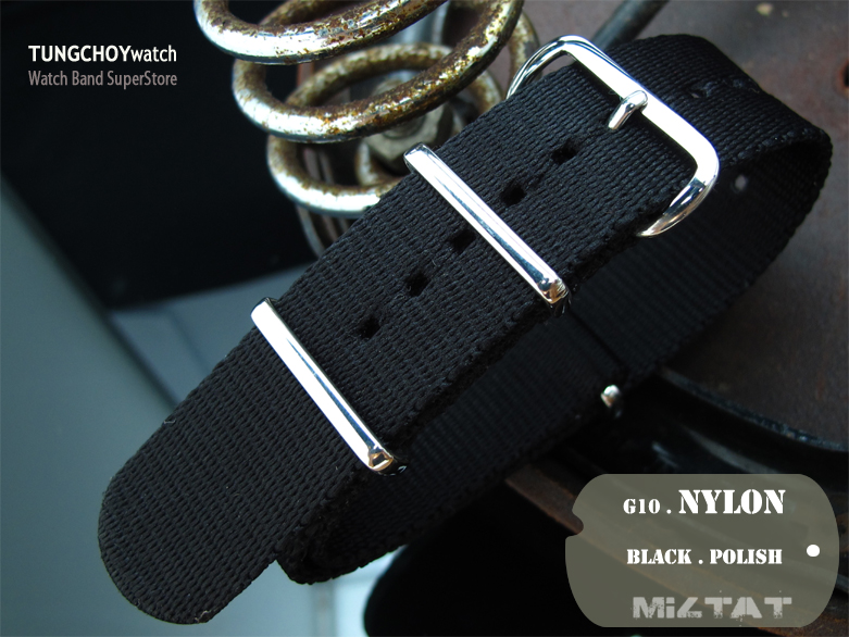 MiLTAT 21mm G10 watch strap ballistic nylon Extra Thick armband - Black, Polished hardware