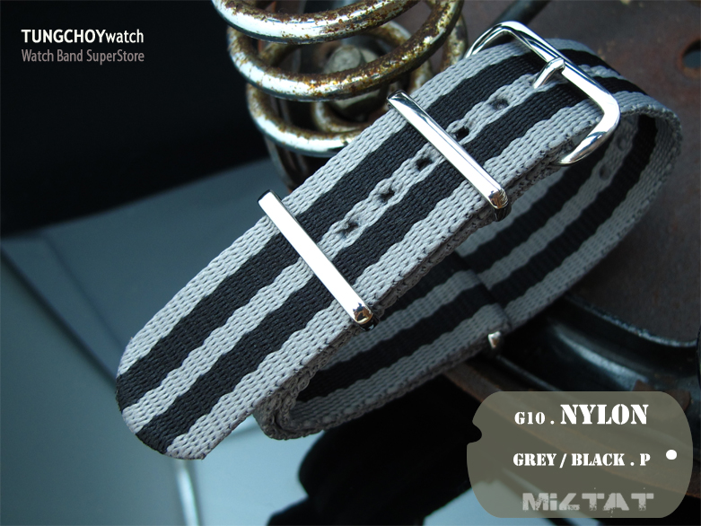 MiLTAT 21mm G10 watch strap ballistic nylon Extra Thick armband - Grey & Black strips, Polished hardware