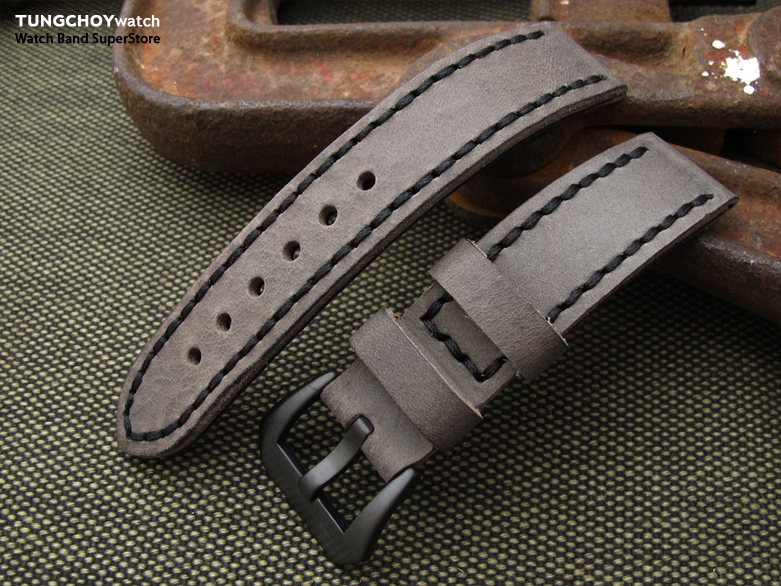 20mm, 21mm Soft Italian Leather Donkey Grey Watch Strap with Black Stitches, PVD