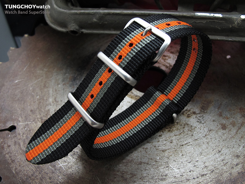MiLTAT 22mm G10 NATO Bullet Tail Watch Strap, Ballistic Nylon, Brushed - Black, Grey & Orange Stripes
