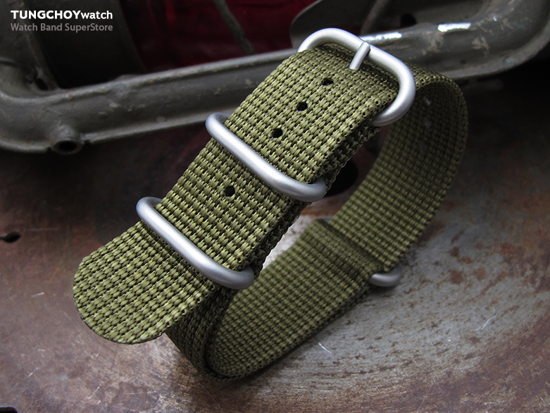 MiLTAT 20mm 3 Rings Zulu military watch strap 3D woven nylon armband - Military Green, Brushed Hardware
