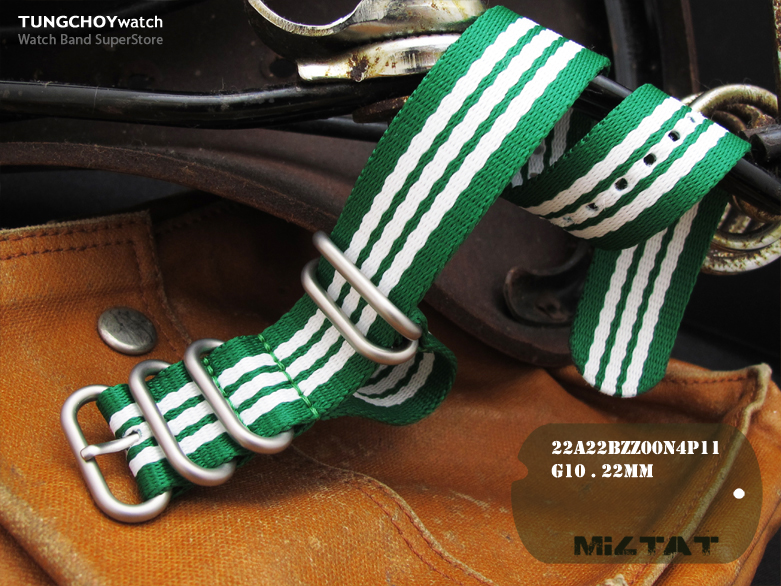 MiLTAT 22mm 5 Ring Zulu JB military watch strap ballistic nylon armband - Green, White