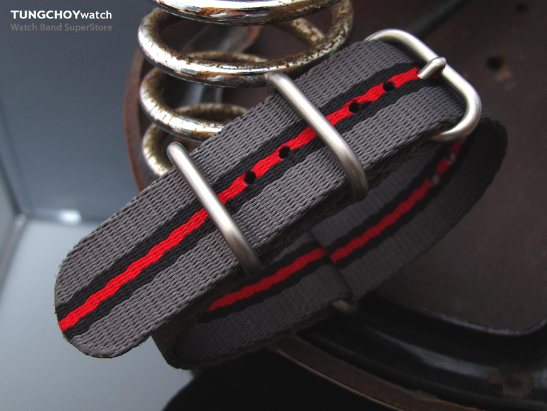 MiLTAT 24mm 3 Rings Zulu JB military watch strap ballistic nylon armband - Grey, Black & Red, Brushed Hardware