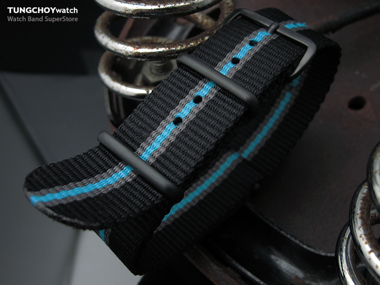 MiLTAT 22mm G10 military watch strap ballistic nylon armband, PVD Black - Black, Grey & Blue