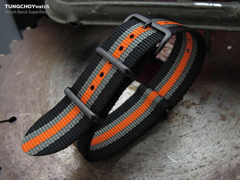 MiLTAT 21mm G10 NATO Bullet Tail Watch Strap, Ballistic Nylon, PVD - Black, Grey & Orange Stripes