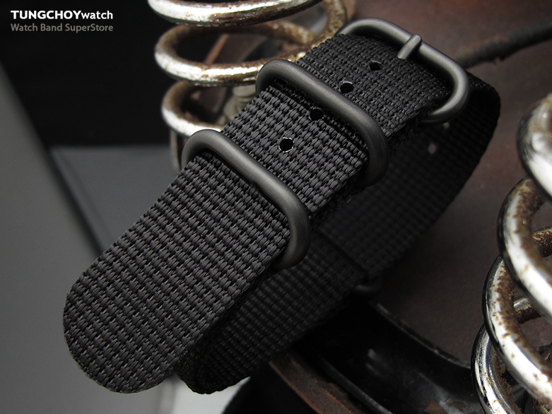 MiLTAT 22mm 3 Rings Zulu military watch strap 3D woven nylon armband - Black,  PVD Black Hardware