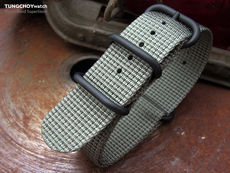 MiLTAT 22mm 3 Rings Zulu military watch strap 3D woven nylon armband - Grey, PVD Black Hardware