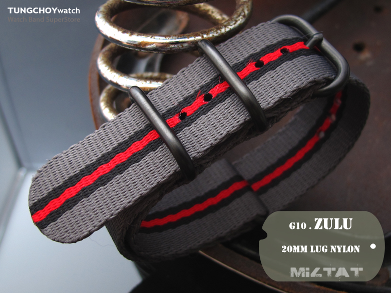 MiLTAT 22mm 3 Rings Zulu JB military watch strap ballistic nylon armband - Grey, Black & Red, PVD Black Hardware