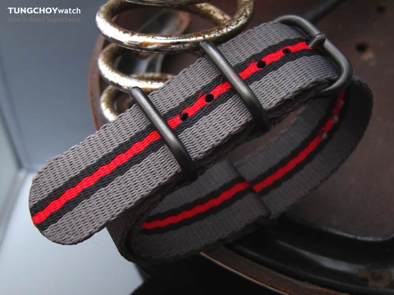 MiLTAT 20mm 3 Rings Zulu JB military watch strap ballistic nylon armband - Grey, Black & Red, PVD Black Hardware