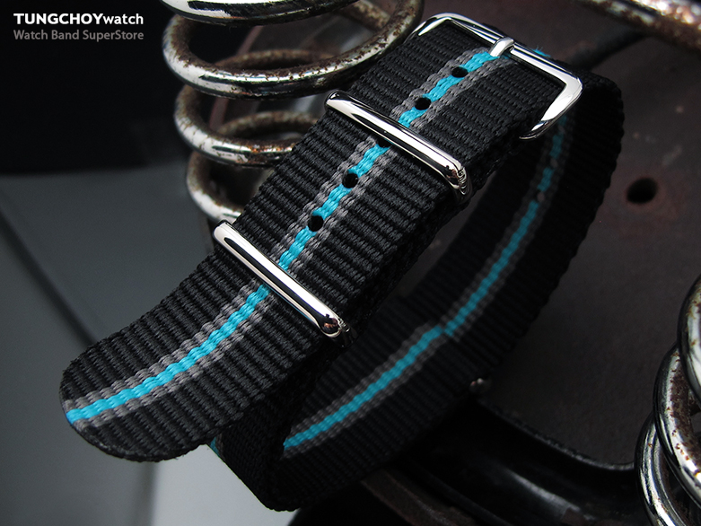 MiLTAT 22mm G10 military watch strap ballistic nylon armband, Polished - Black, Grey & Blue