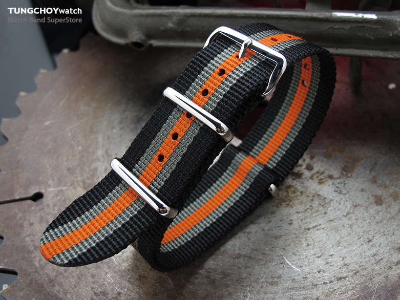 MiLTAT 20mm G10 NATO Bullet Tail Watch Strap, Ballistic Nylon, Polished - Black, Grey & Orange Stripes