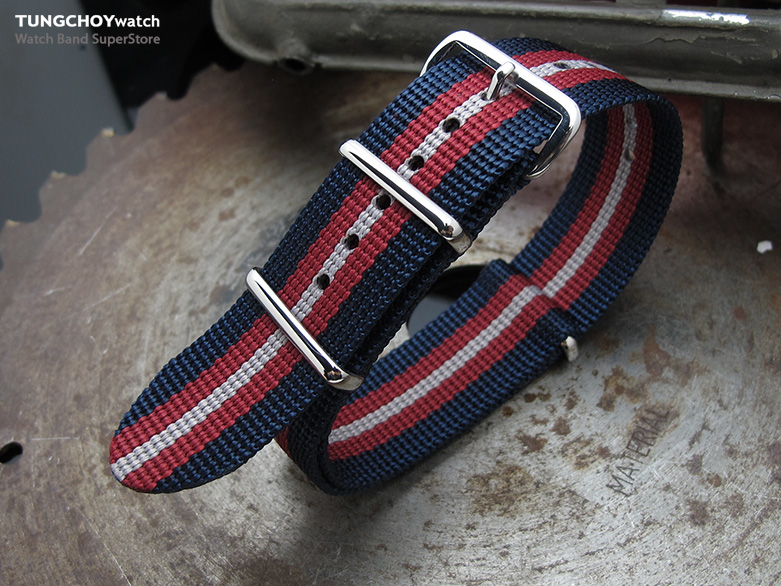MiLTAT 20mm G10 NATO Bullet Tail Watch Strap, Ballistic Nylon, Polished - Blue, Red & Grey Stripes