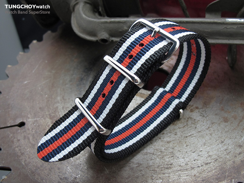 MiLTAT 22mm G10 NATO Bullet Tail Watch Strap, Ballistic Nylon, Polished - Black, White, Blue & Red Stripes