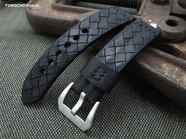 MiLTAT Zizz Collection 22mm Braided Calf Leather Watch Strap, Matte Black, Black Stitches