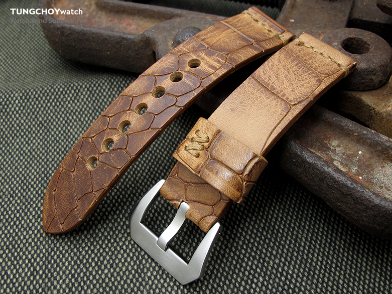 MiLTAT Zizz Collection 22mm Cracked Croco Middle Brown Watch Strap, Brown Stitching