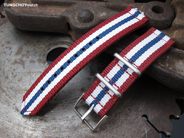 20mm, 22mm Two Piece WW2 G10 Nylon, Red, White & Blue, Brushed Buckle