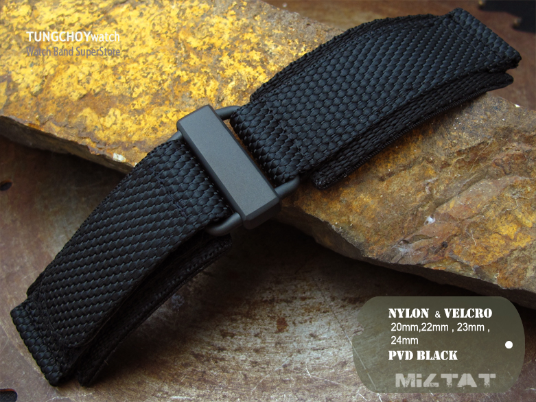 20mm, 22mm, 23mm, 24mm  MiLTAT Honeycomb Black Nylon Hook and Loop Fastener Watch Strap, PVD Black Buckle