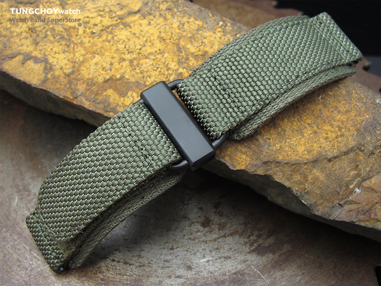 22mm MiLTAT Honeycomb Military Green Nylon Hook and Loop Fastener Watch Strap, PVD Black Stainless Buckle