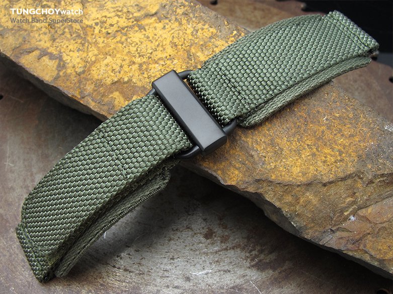 22mm MiLTAT Honeycomb Military Green Nylon Hook and Loop Fastener Watch Strap, PVD Black Stainless Buckle, XL