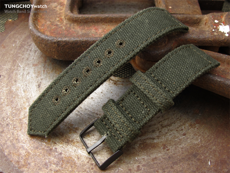 20mm, 21mm or 22mm MiLTAT WW2 2-piece Military Green Washed Canvas Watch Band with lockstitch round hole, PVD Black